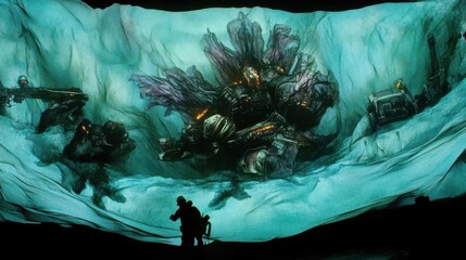 Captivating Scene of Futuristic Battle with Epic Creatures and Soldiers in a Dramatic Landscape