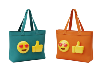 Two hyper-detailed 3d rendered teal and orange canvas tote bags displaying glossy yellow heart-eyes and thumbs-up emojis, isolated on transparent with copy space. Concept of successful e-commerce