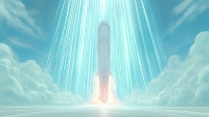 Futuristic Rocket Launching Into Bright Sky with Clouds and Light Beams in Stunning Digital Art Style
