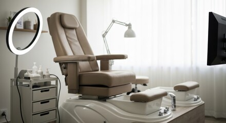 Spa pedicure station with tan chair, mirror light, and equipment