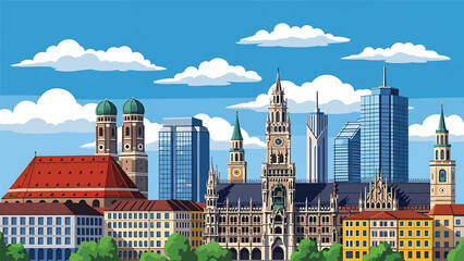 Fototapeta premium Munich city postcard vector illustration with modern and historic architecture in flat solid colors, clean professional travel poster style for tourism and branding use