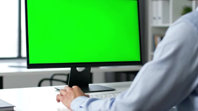 modern office cinematic scene focused on computer monitor with bright green screen person working at desk hands and torso visible face not shown shallow depth of field soft background blur professiona