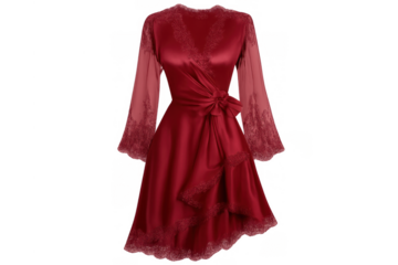Red luxurious wrap dress with flowing silk, delicate lace trim, and elegant long sleeves, on transparent background