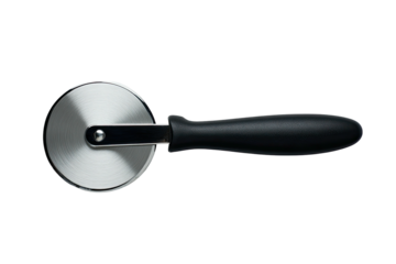 Pizza cutter metal wheel, black handle, dark background