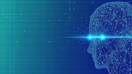 Futuristic Head Silhouette with Digital Wireframe and Light Beams Representing Artificial Intelligence and Technology