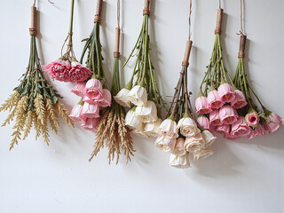 Dried flower bouquets hanging upside down on a wall, creating a natural, rustic display with soft texture and timeless charm.