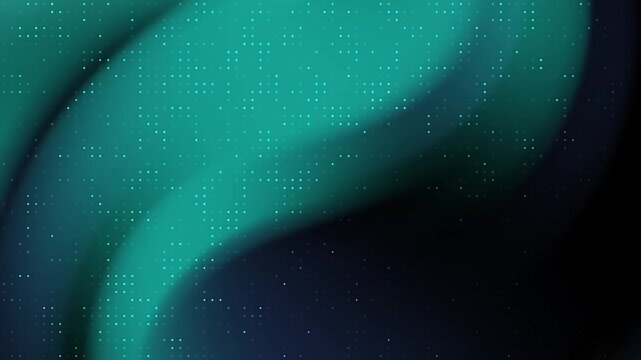 Deep teal and emerald flowing waves overlaid with a precise glowing digital dot matrix pattern representing technology and data