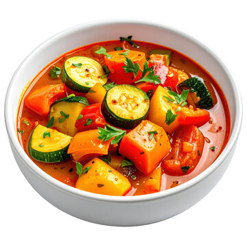 Menestra de verduras, a spanish spring vegetable stew with fresh greens and legumes, neatly served and isolated on a white background