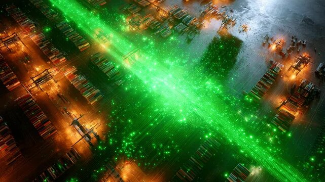 Aerial View of a Dynamic Cargo Terminal with Illuminated Green Light Trails, Cargo Containers, and Busy Operations in an Industrial Environment at Night