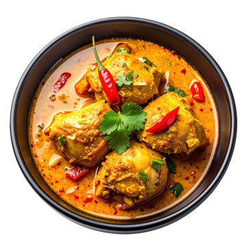 Aromatic gulai ayam with turmeric and coconut milk, beautifully cooked and isolated on white background for culinary projects