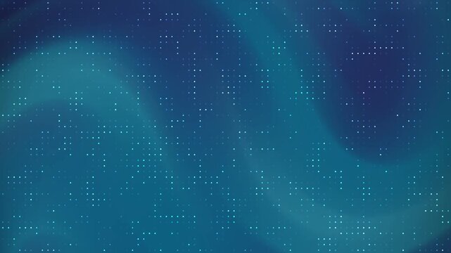 A vibrant cyan and blue gradient background with a structured grid of tiny glowing dots suggesting high-speed connectivity