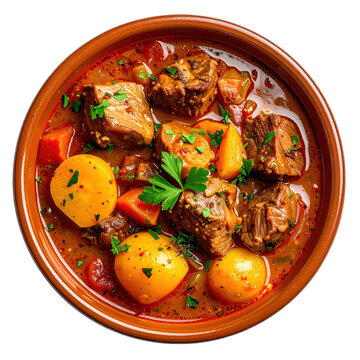 Spanish olla podrida stew, a one-pot meal with beans, vegetables, and assorted meats, isolated on white background