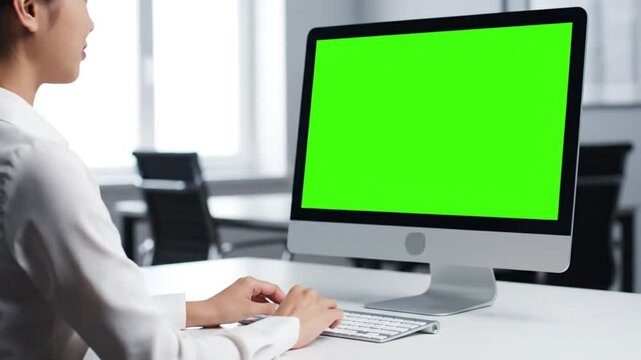 business office cinematic video green screen computer monitor clearly visible person typing at modern desk hands and upper body visible shallow depth of field blurred office background clean professio