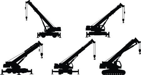 Mobile crane silhouettes, telescopic boom, hook cable, construction machinery, black outline, industrial equipment, lifting posture, site work, transport, gear © MdGolam