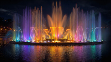 A stunning water fountain illuminated with vibrant lights at night, creating a mesmerizing spectacle
