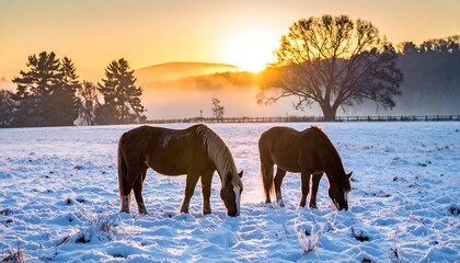 Two equines graze in a snowy field as a vivid sunrise illuminates the frosted landscape, with trees and mist in the background