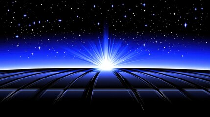 Cosmic Horizon with Radiant Lightburst Over a Starry Sky and Reflective Surface at Dawn in Digital Art Style