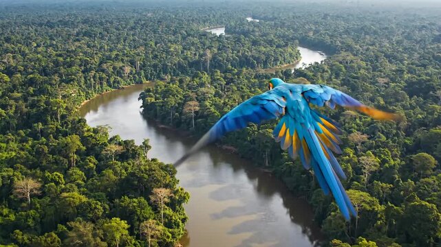 Vibrant Blue and Yellow Macaw Soars Over Lush Amazon Rainforest River.