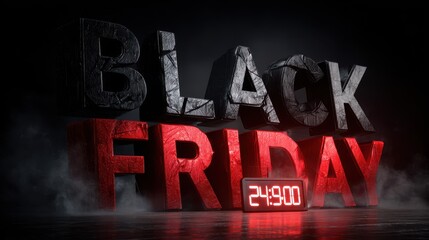 3D Friday text with red digital clock and smoke on dark reflective floor
