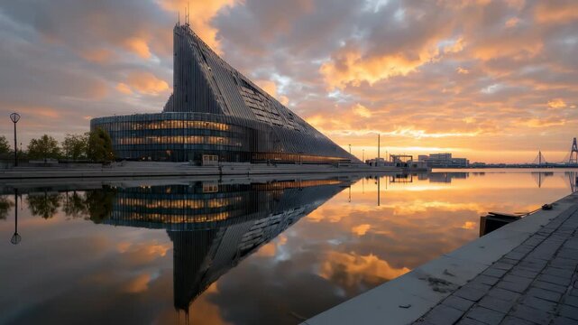 Stunning sunset view over the water reflecting the unique architecture of the Latvian National Library in Riga during the evening