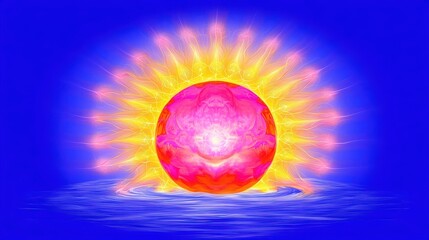 Vibrant Sun Rising Over Calm Waters with Colorful Rays of Light and Abstract Background in Bright Colors