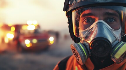 Firefighter with mask during emergency response.