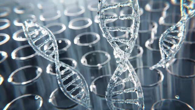 Luxury 3D DNA helix animation sparkling with light, symbolizing genetic science and skincare innovation. Perfect for vertical cosmetic ads, anti-aging, and biotech visuals.