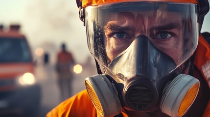 Rescue worker in hazmat gear faces danger.