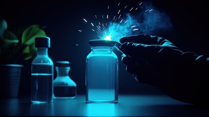 Laboratory Experiment with Jar, Sparks, and Smoke in Dark Environment, Concept of Science and Innovation