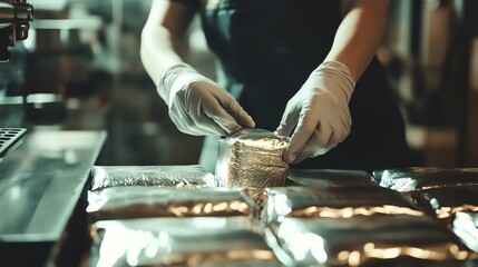 Worker packaging food in a modern factory.