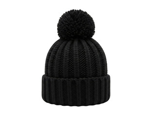 Black knitted beanie hat with pom pom isolated on transparent background