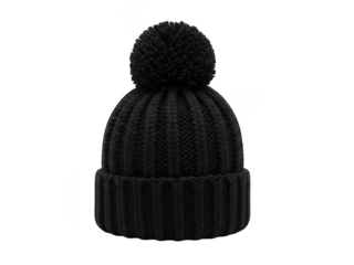 Black knitted beanie hat with pom pom isolated on transparent background
