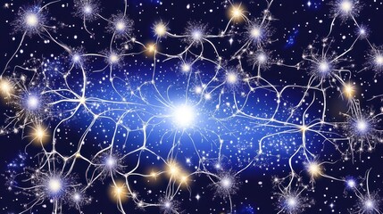 Abstract visualization of neurons and synapses glowing against a cosmic starry background representing connectivity and intelligence