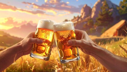 Two hands clink frothy, golden beverages against a rural sunset backdrop with mountains, trees, and a small wooden structure