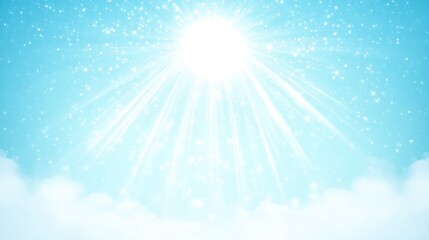 Bright Sunlight Shining Through Clouds with Sparkling Effects Against a Clear Blue Sky Background