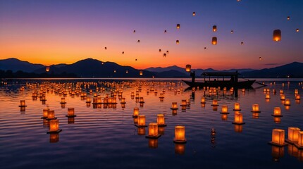 Floating lanterns illuminate the tranquil water as a silhouette of a person in a boat passes by during sunset, creating a serene, ethereal scene.