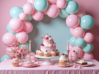 Pastel pink and mint decorations, dessert tower, glossy tablecloth, balloon backdrop,A charming pastel setup for playful, candy-inspired celebrations.