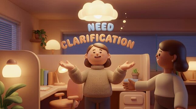Animated illustration of two persons requesting clarification with text and visuals