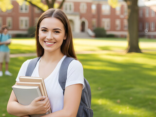 Modern female student holding books reflects bright academic educational future