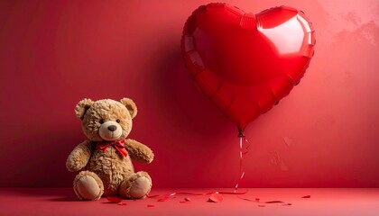 A cuddly teddy bear and a heart-shaped balloon against a vibrant red backdrop, a charming scene of affection and warmth.