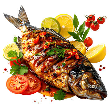Flaky and tender inihaw na isda, grilled over open flames for a signature smoky flavor, presented alone and isolated on a stark white studio background