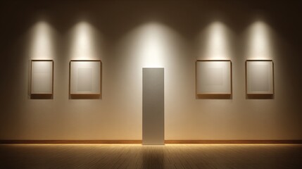 Art gallery wall with four blank frames and a central pedestal illuminated by spotlights in a minimalist exhibition space