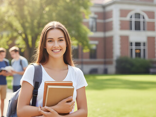 Smiling female student stands on campus holding college textbooks happily