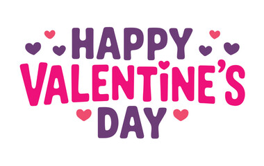 Bold colorful Happy Valentines Day greeting in block letters with scattered pink and purple hearts on white