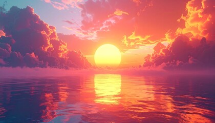 Vibrant Sunset over Calm Ocean Waters with Dramatic Clouds.