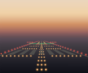 Runway lights during landing approach. View from the cockpit during landing approach at night. Night landscape from the airplane cockpit. © Evgeniy