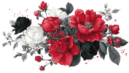 Floral arrangement red, white, black roses with gray leaves