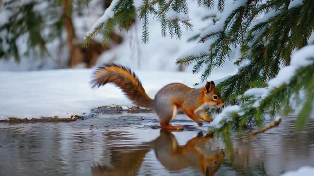 Squirrel jumping over icy stream in snowy forest landscape