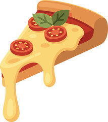Pizza slice topped with melted cheese, cherry tomatoes, and fresh basil leaves on golden crust, perfect for Italian menus, pizzeria logos, food delivery icons, and restaurant graphics