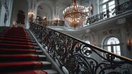 A grand staircase adorned with ornate railings and a luxurious chandelier, showcasing elegance and sophistication in a historic interior space.